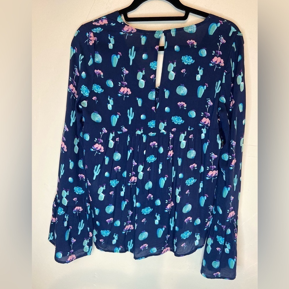 Roper~Navy Cactus Print Peasant Blouse~Empire Waist~Sheer Bell Sleeves~Size S - Picture 10 of 11